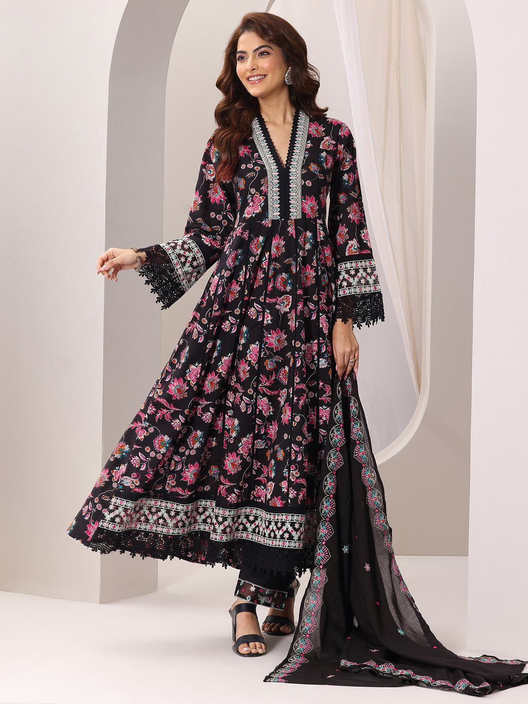  Black Printed Cotton Anarkali Suit Set With Dupatta 