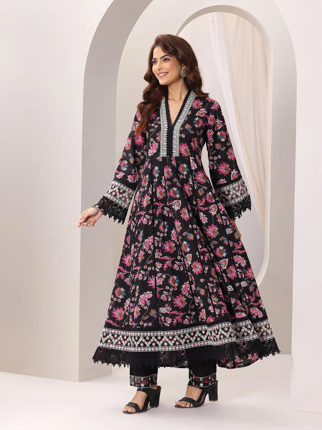  Black Printed Cotton Anarkali Suit Set With Dupatta 