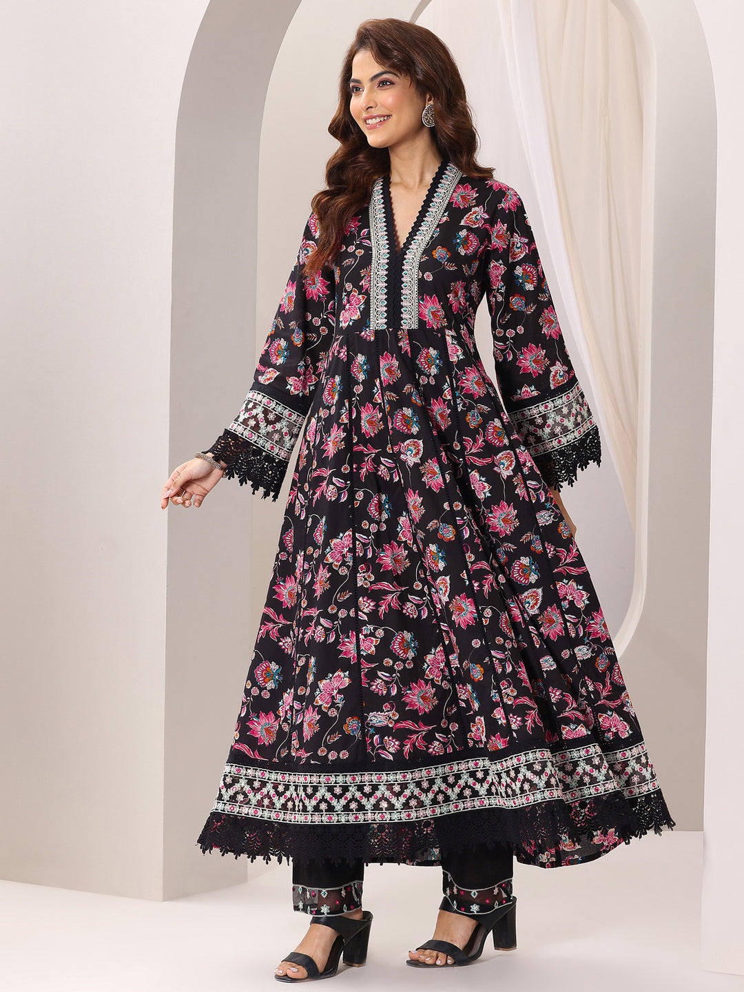  Black Printed Cotton Anarkali Suit Set With Dupatta 