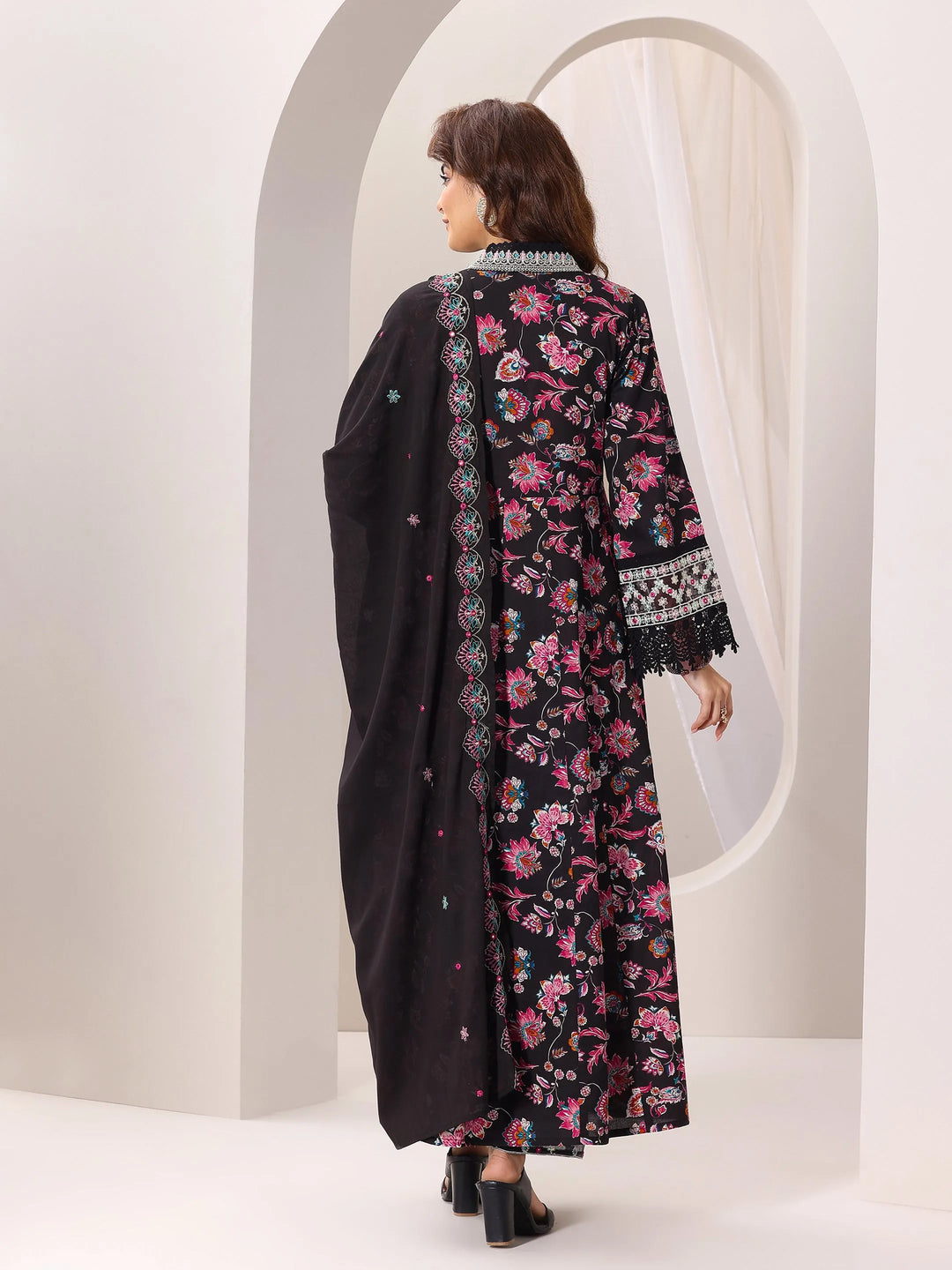  Black Printed Cotton Anarkali Suit Set With Dupatta 