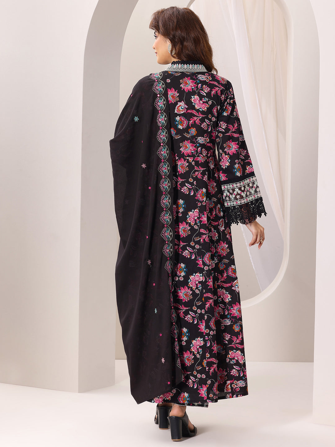  Black Printed Cotton Anarkali Suit Set With Dupatta 