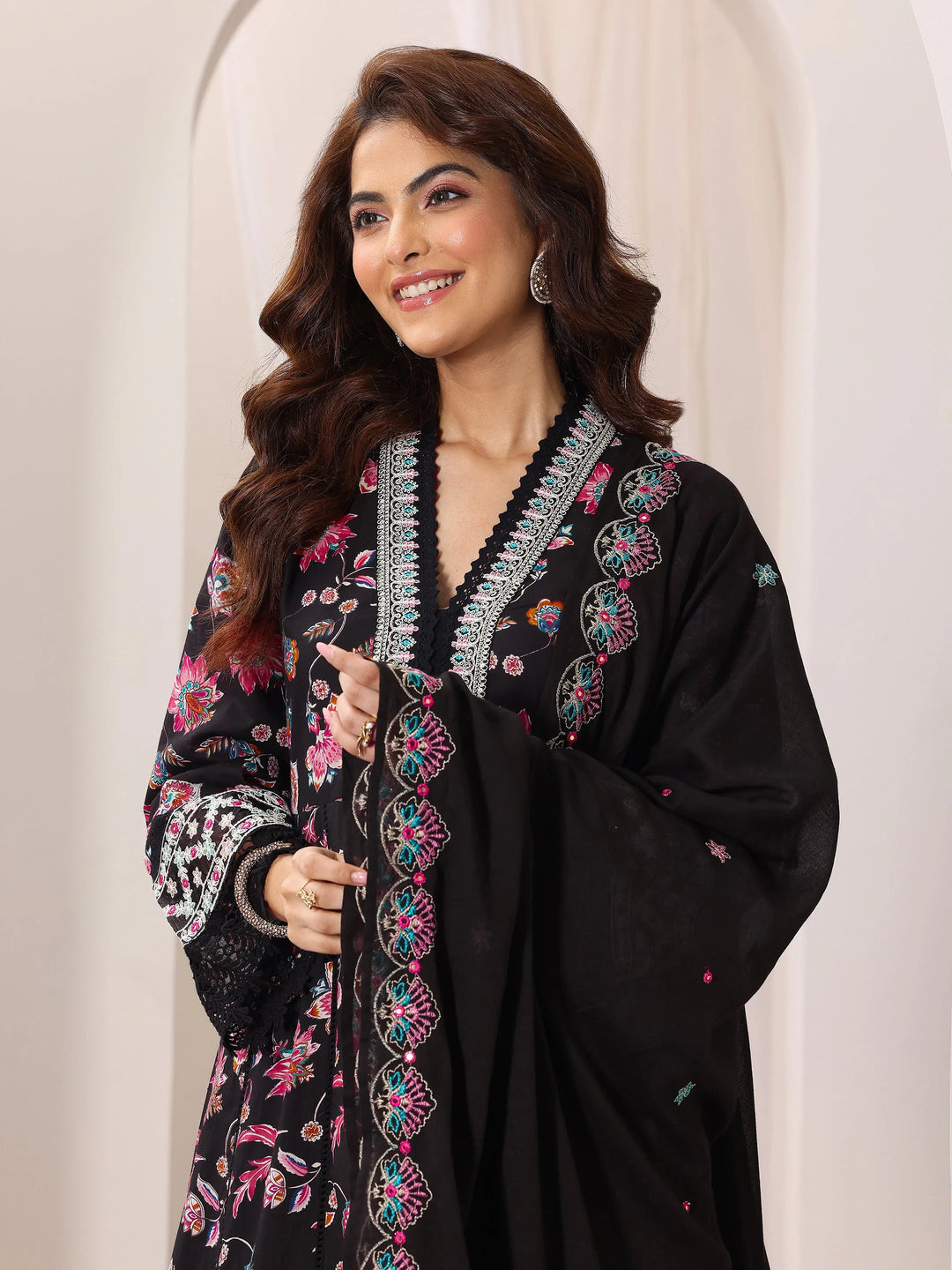  Black Printed Cotton Anarkali Suit Set With Dupatta 