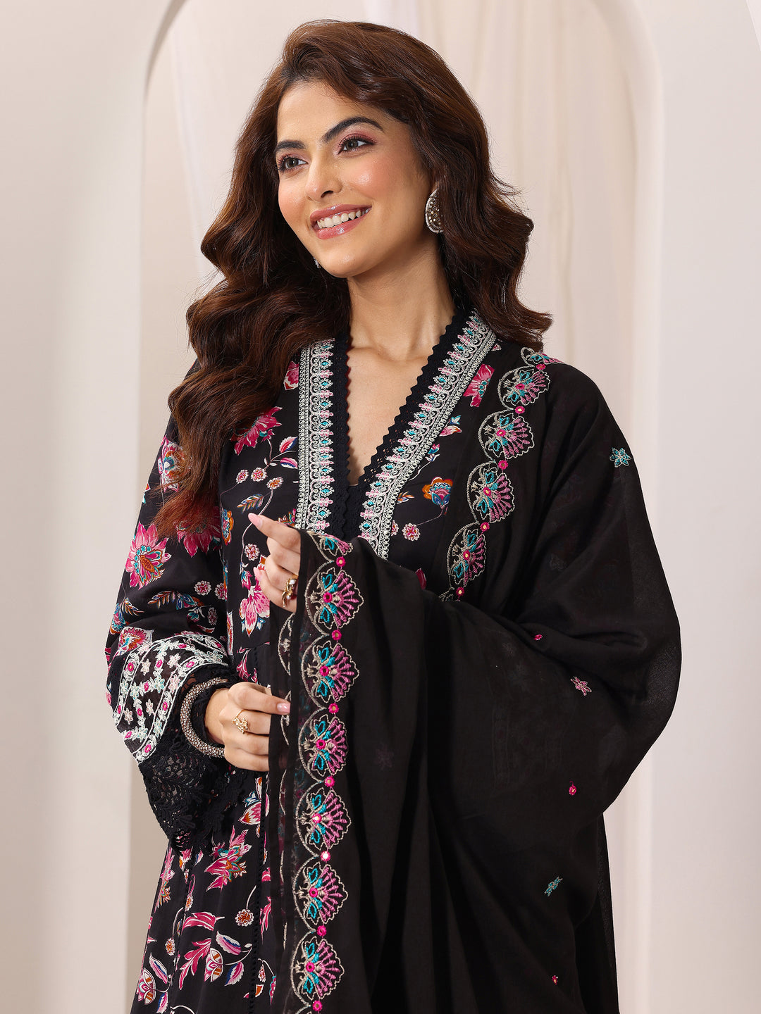  Black Printed Cotton Anarkali Suit Set With Dupatta 