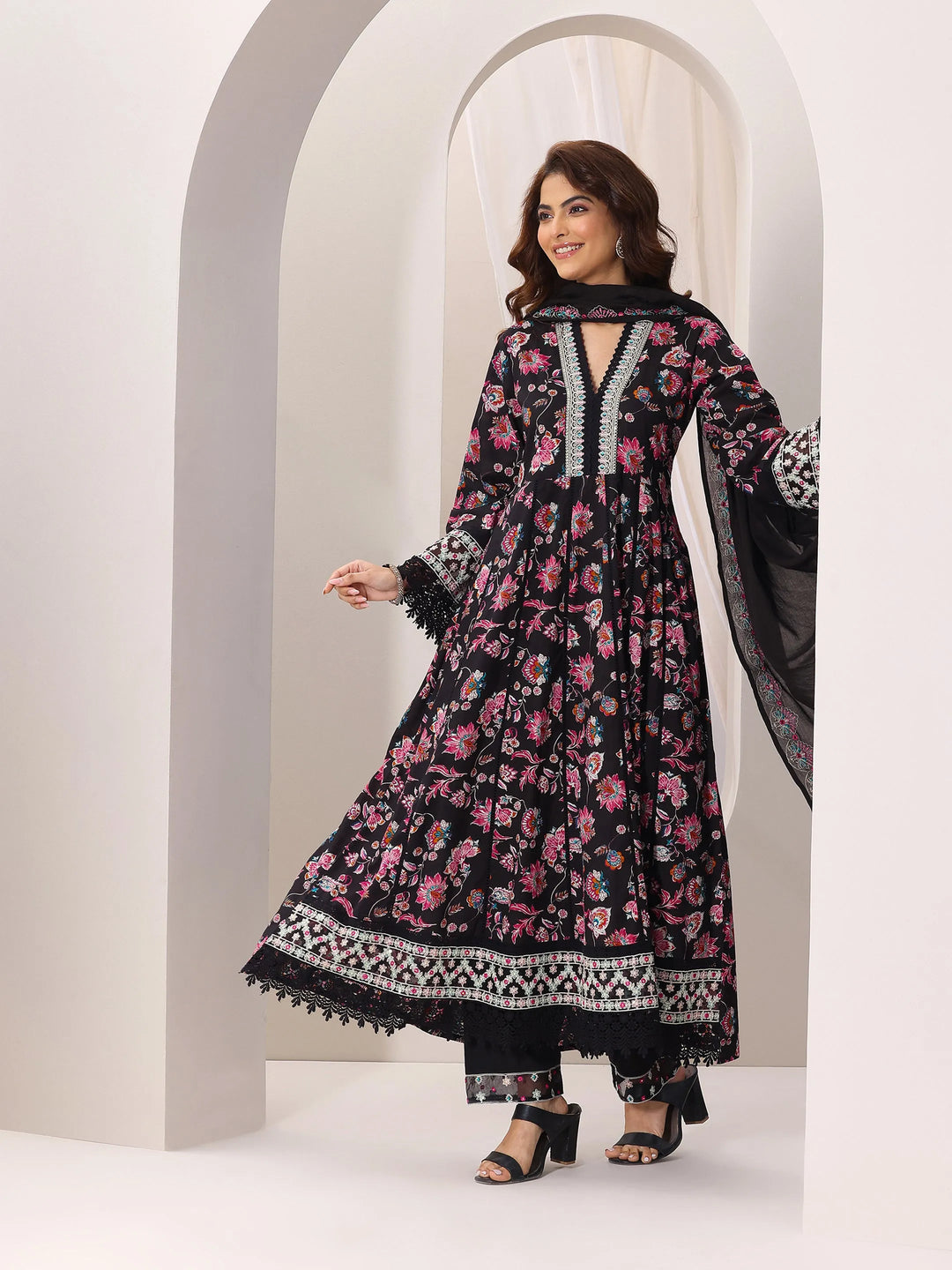  Black Printed Cotton Anarkali Suit Set With Dupatta 