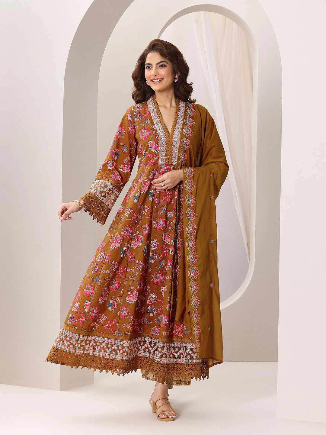  Mustard Printed Cotton Anarkali Suit Set With Dupatta 