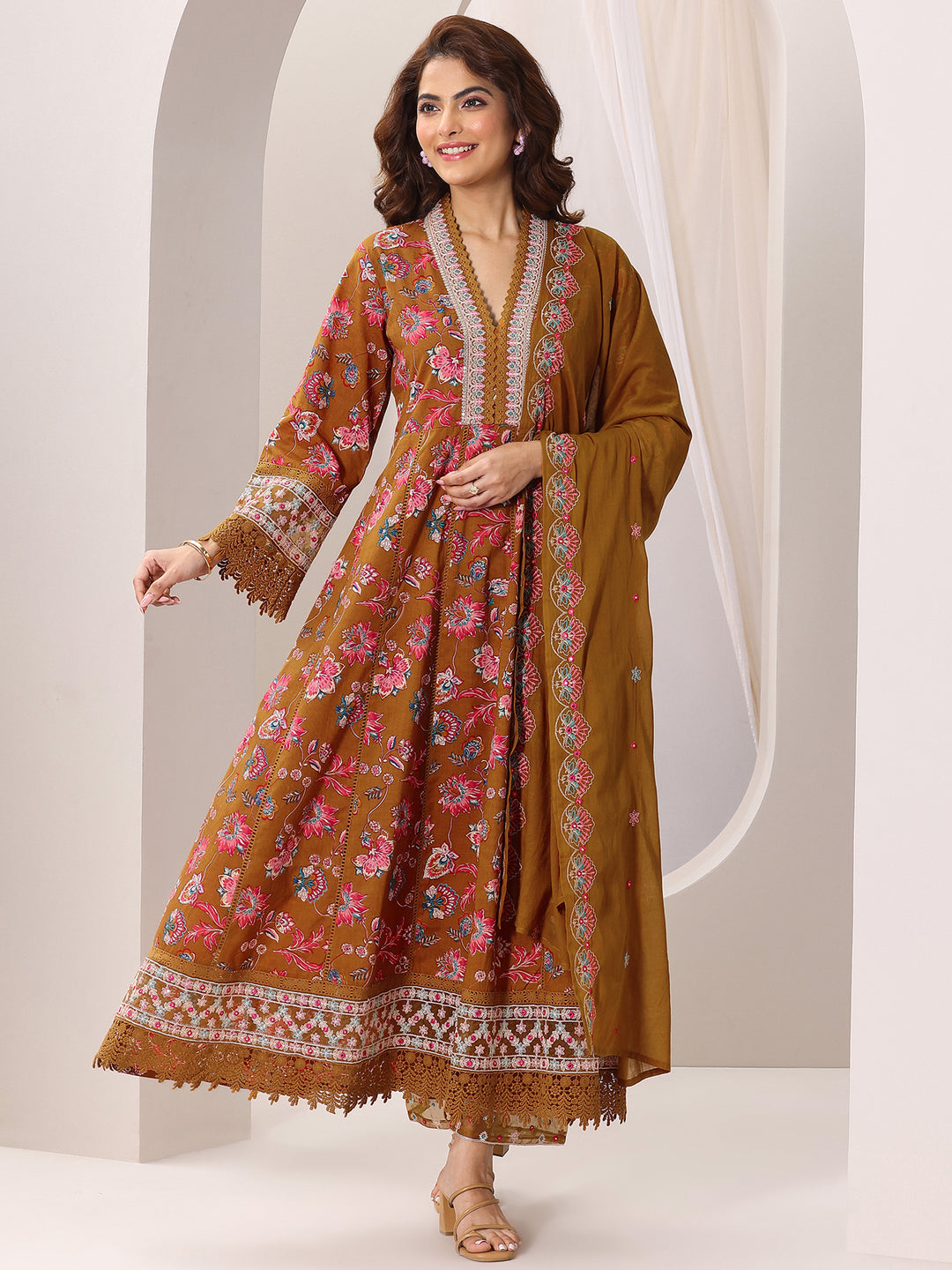  Mustard Printed Cotton Anarkali Suit Set With Dupatta 