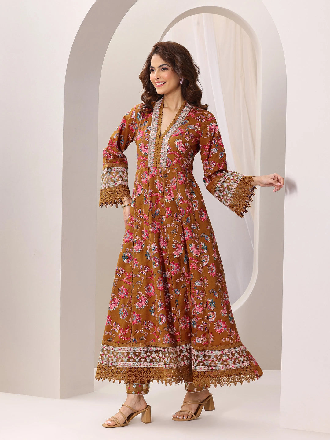  Mustard Printed Cotton Anarkali Suit Set With Dupatta 