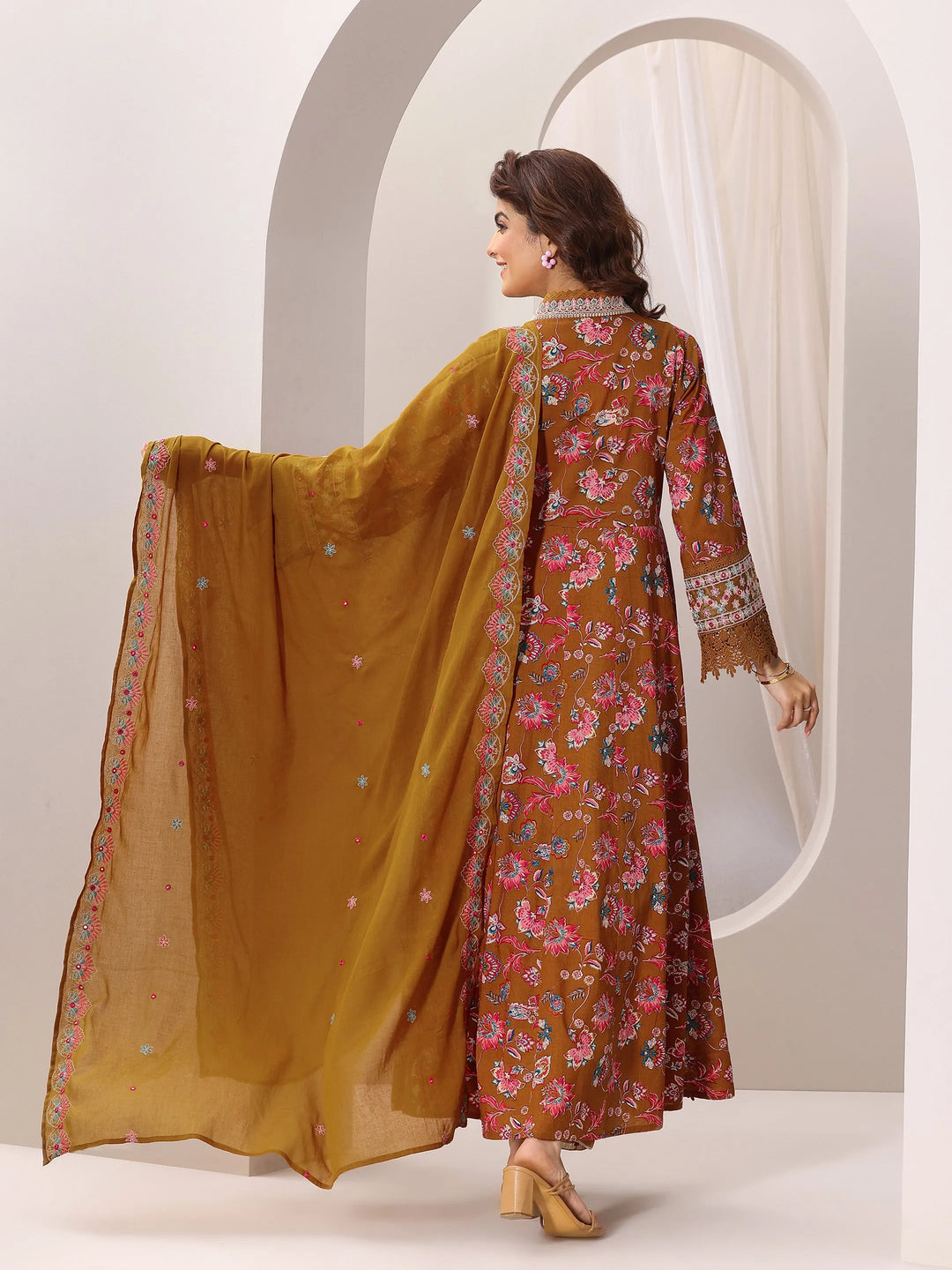  Mustard Printed Cotton Anarkali Suit Set With Dupatta 