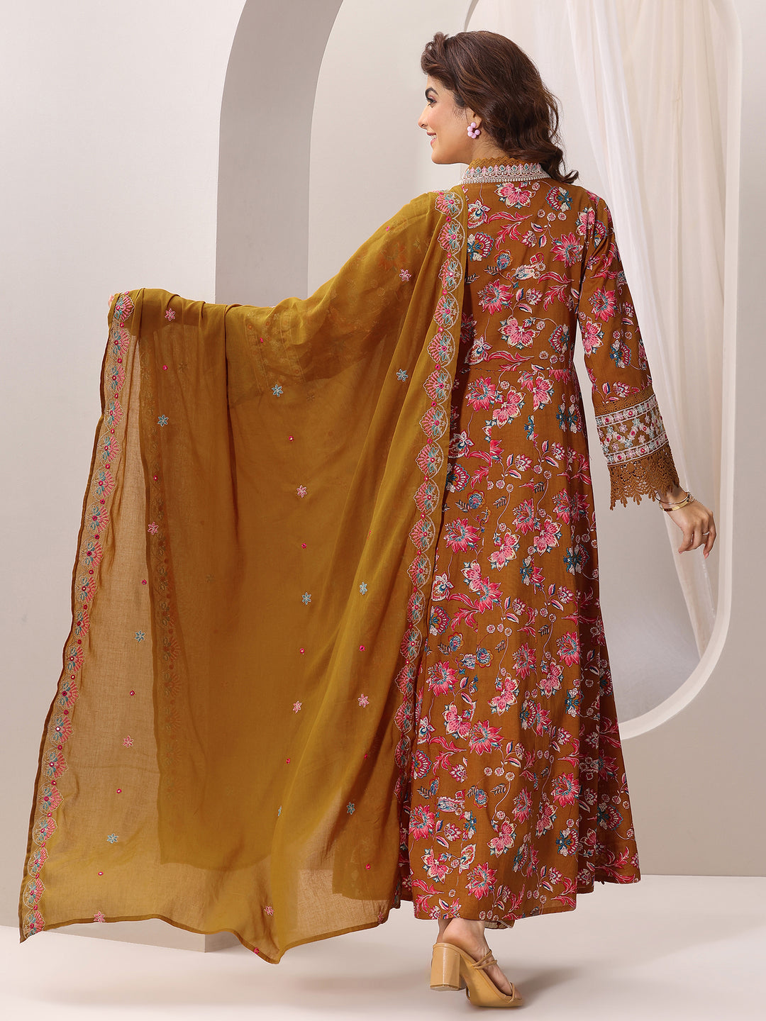  Mustard Printed Cotton Anarkali Suit Set With Dupatta 