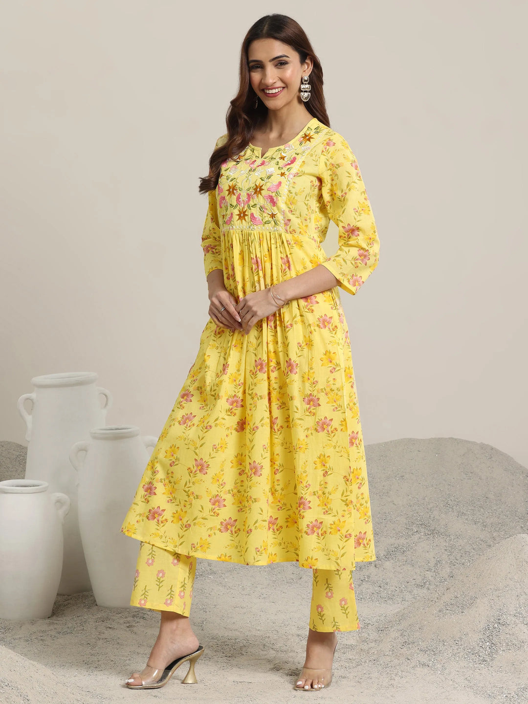  Yellow Printed Cotton A-line  Kurta Set 