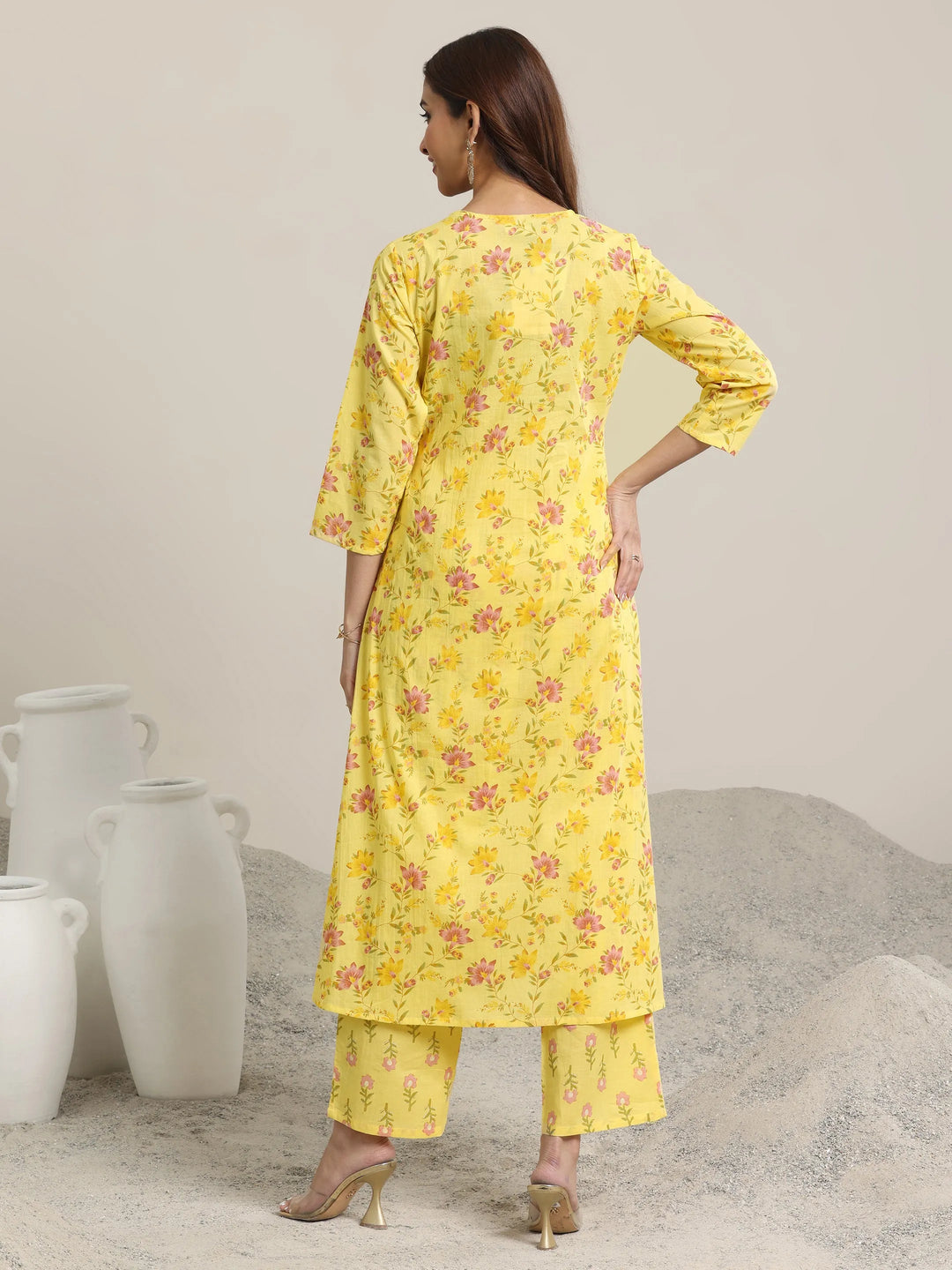  Yellow Printed Cotton A-line  Kurta Set 