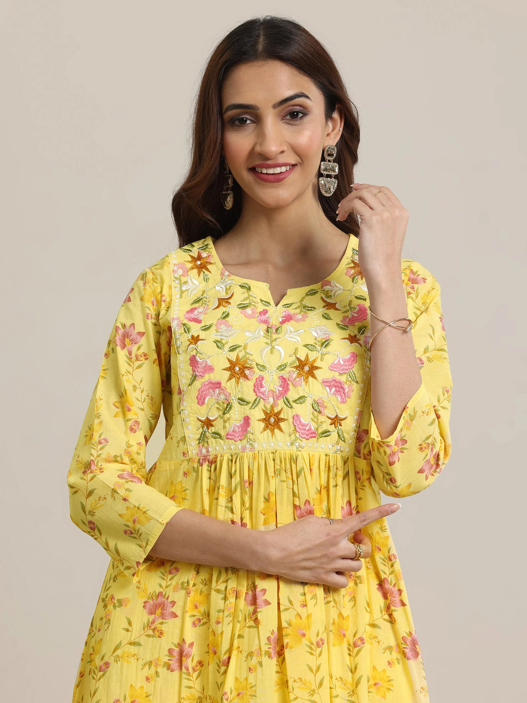  Yellow Printed Cotton A-line  Kurta Set 