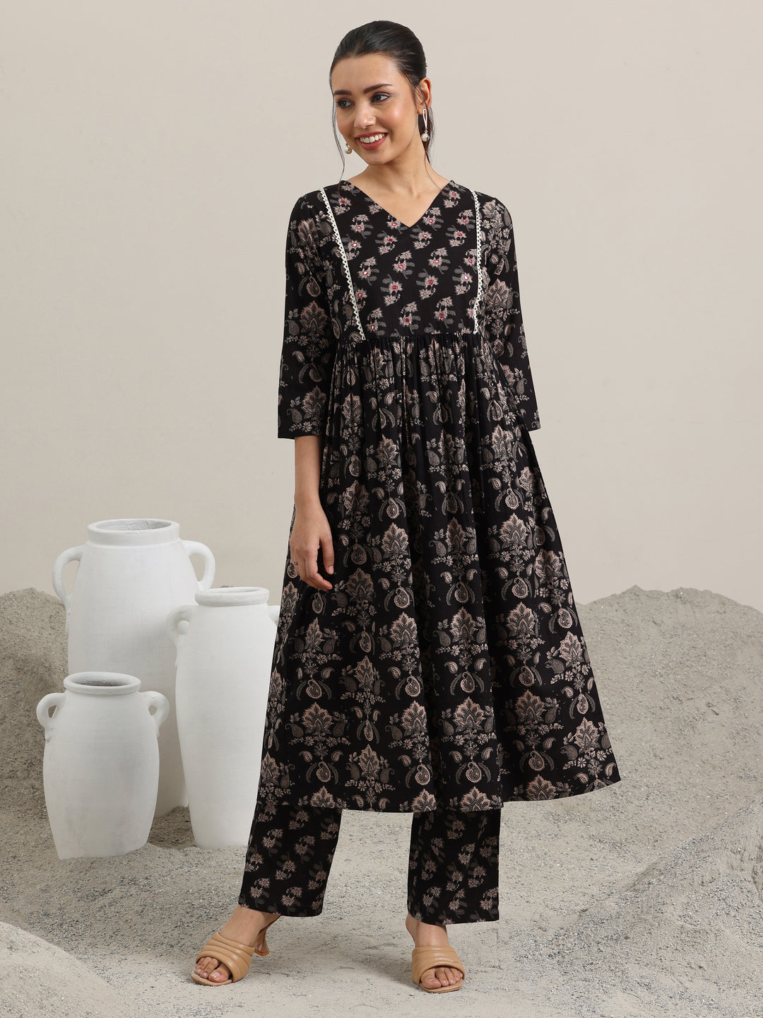  Black Printed Cotton Anarkali Kurta With Trousers 