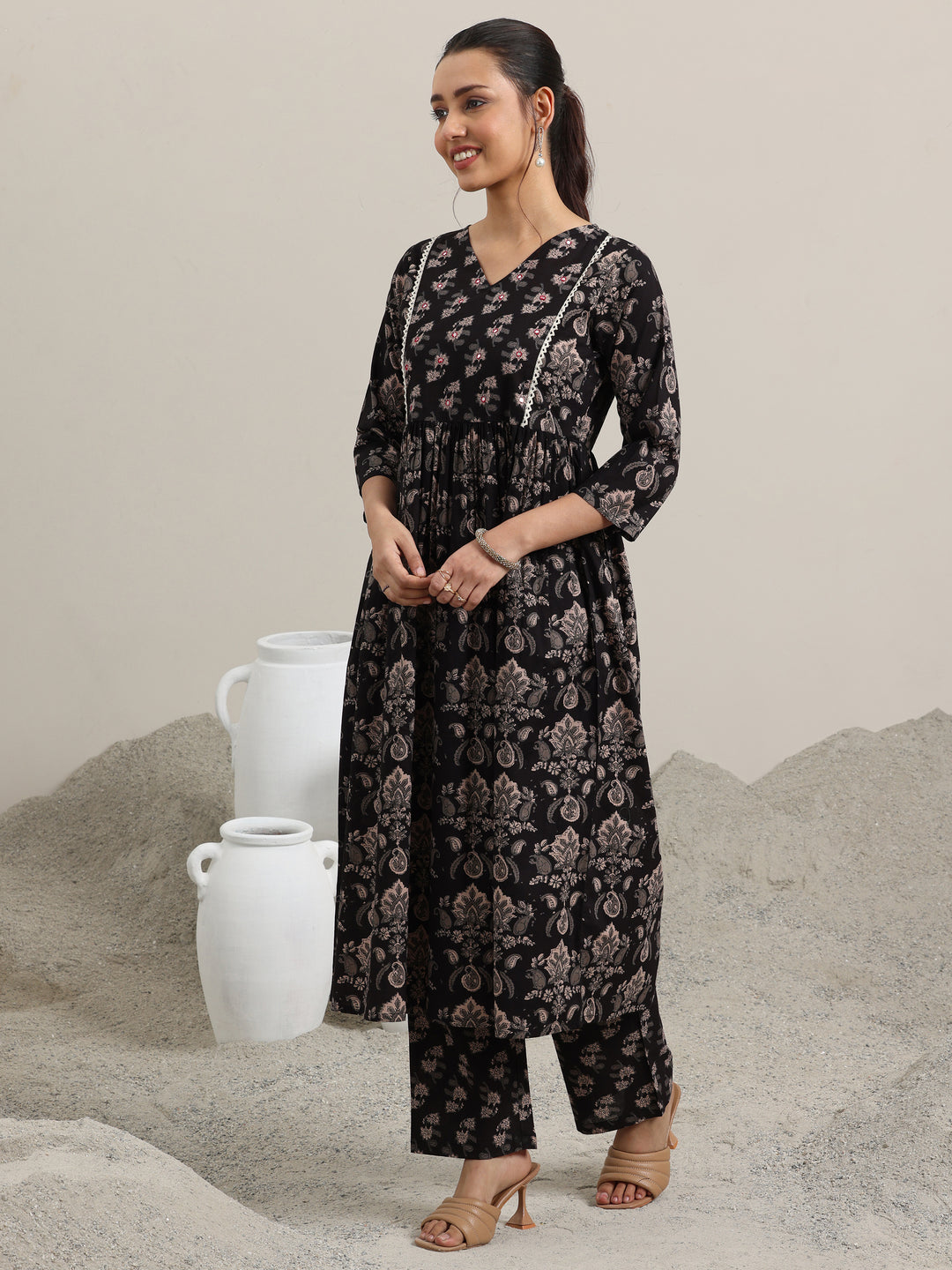  Black Printed Cotton Anarkali Kurta With Trousers 