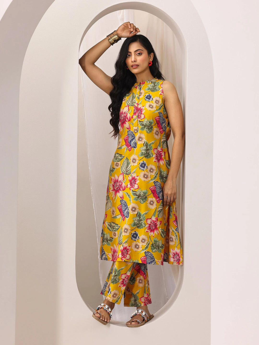  Mustard Printed Silk Blend A-line Kurta Set 