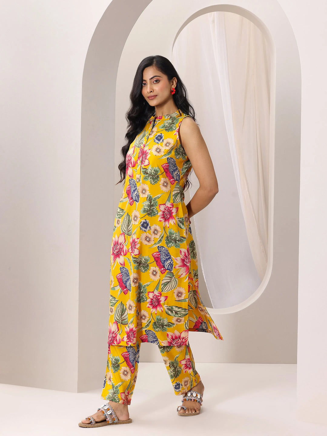  Mustard Printed Silk Blend A-line Kurta Set 