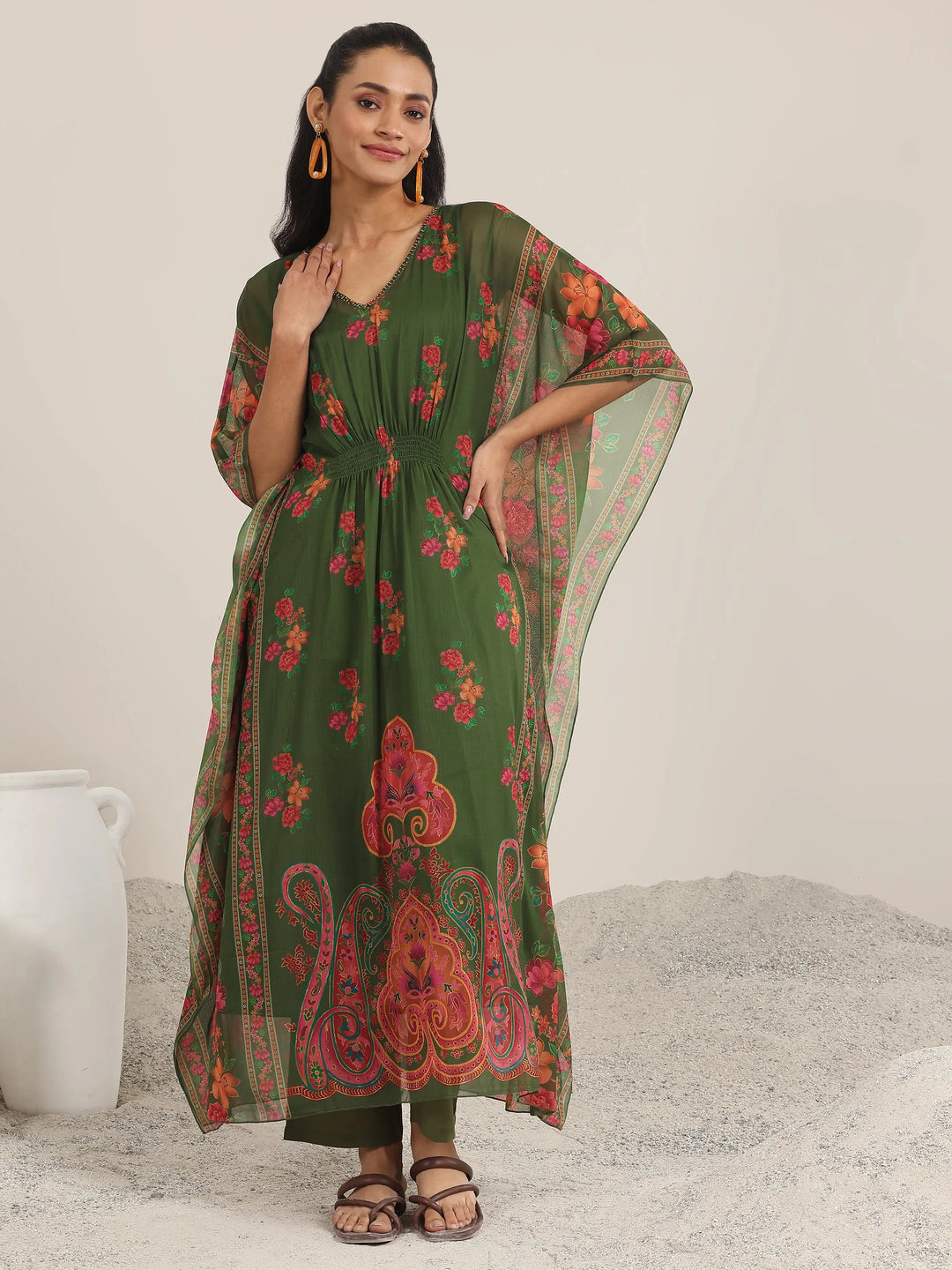  Green Printed Chiffon A-line Kurta Set 