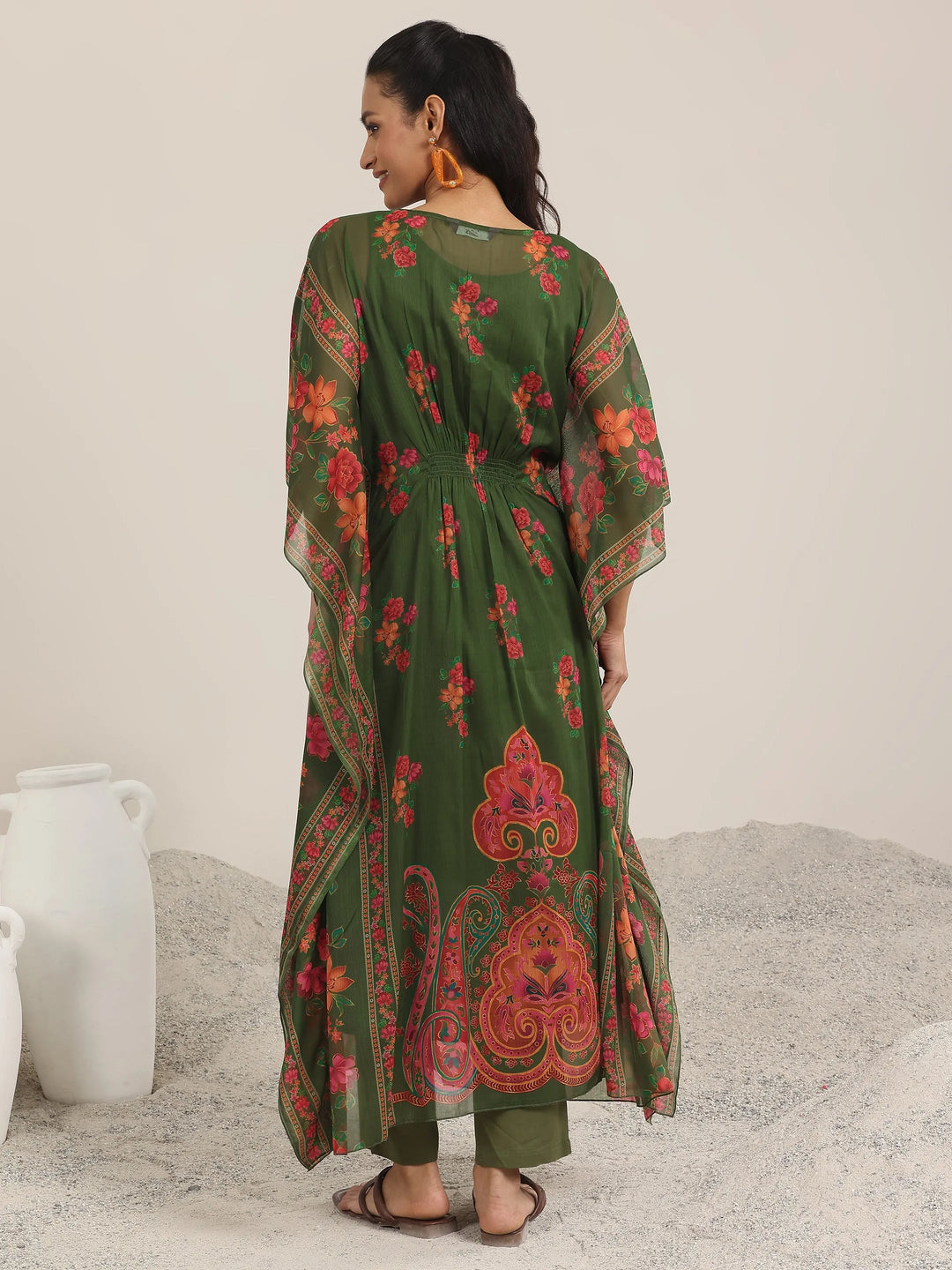  Green Printed Chiffon Kaftan Kurta Set 