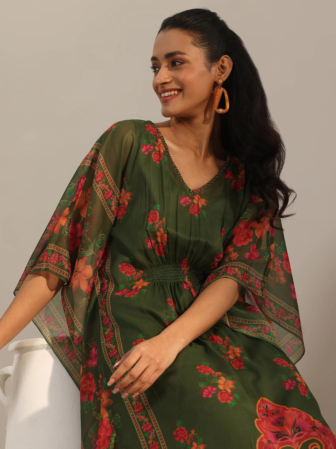  Green Printed Chiffon A-line Kurta Set 