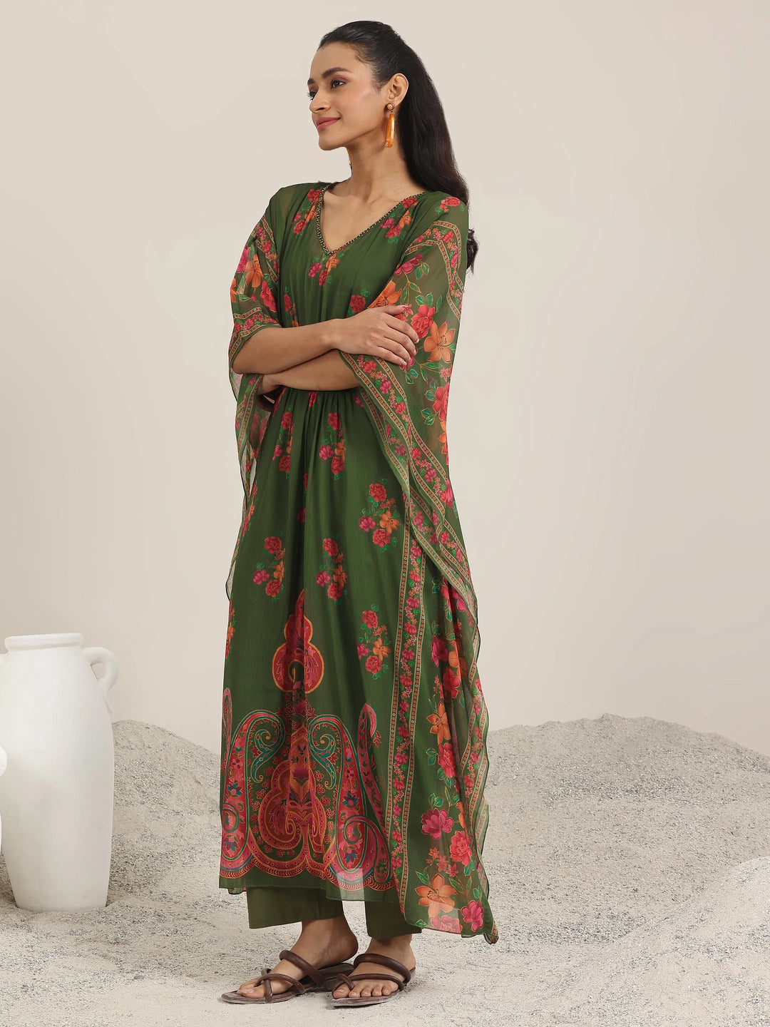  Green Printed Chiffon Kaftan Kurta Set 