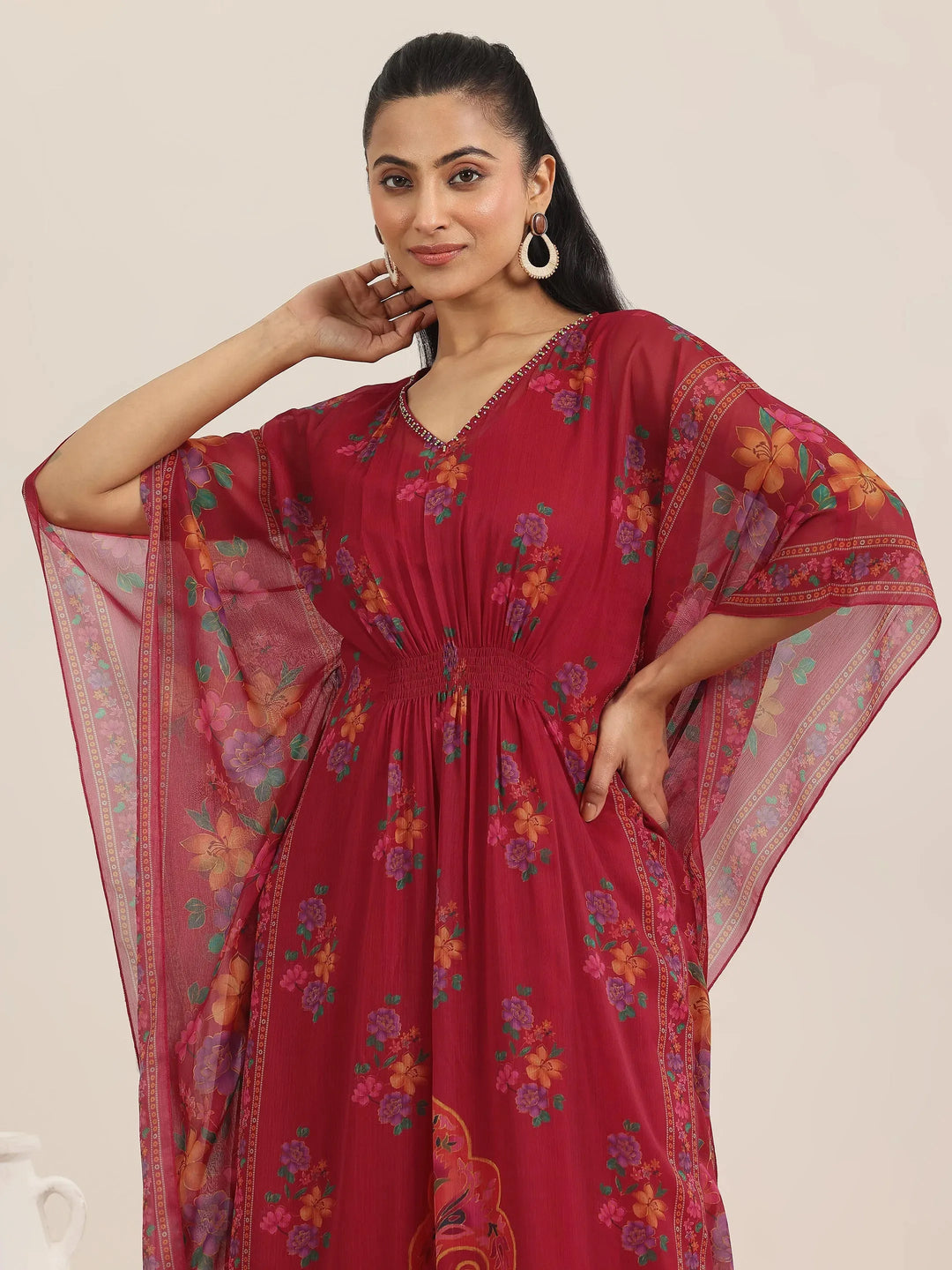  Maroon Printed Chiffon A-line Kurta Set 