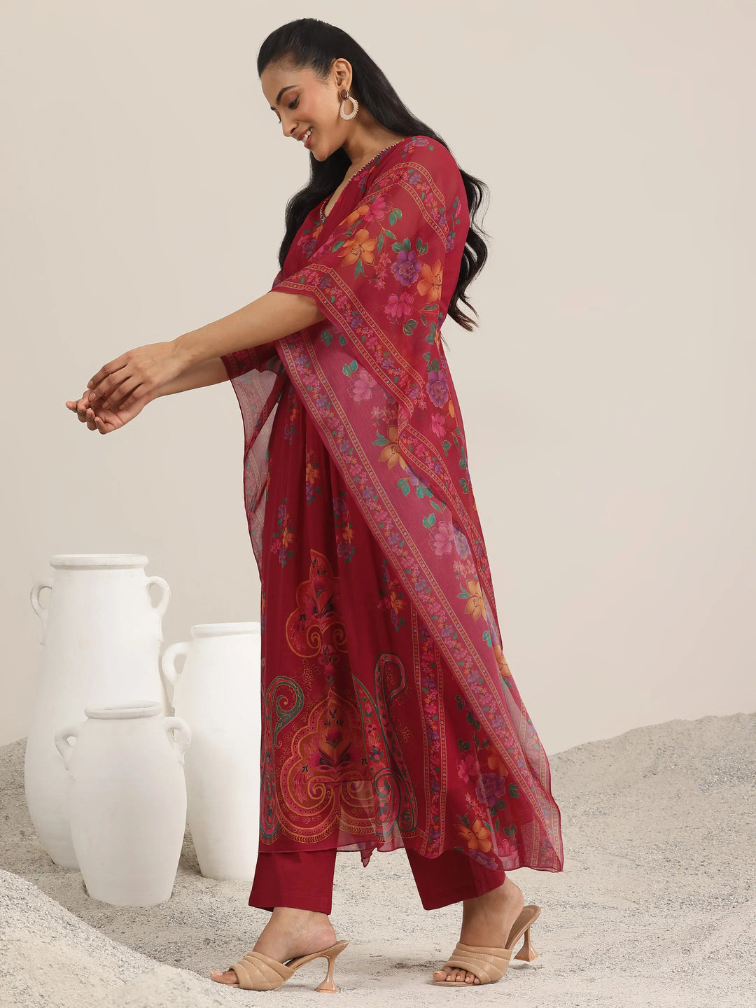  Maroon Printed Chiffon A-line Kurta Set 