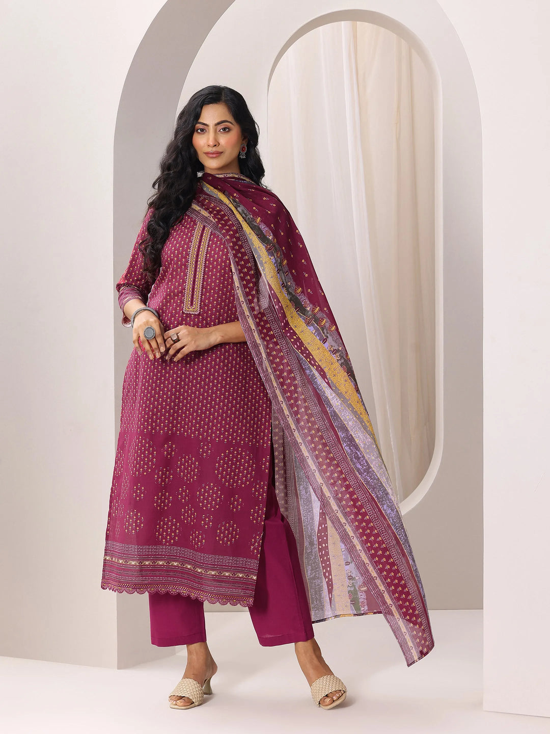  Maroon Printed Cotton Straight Suit Set With Dupatta 