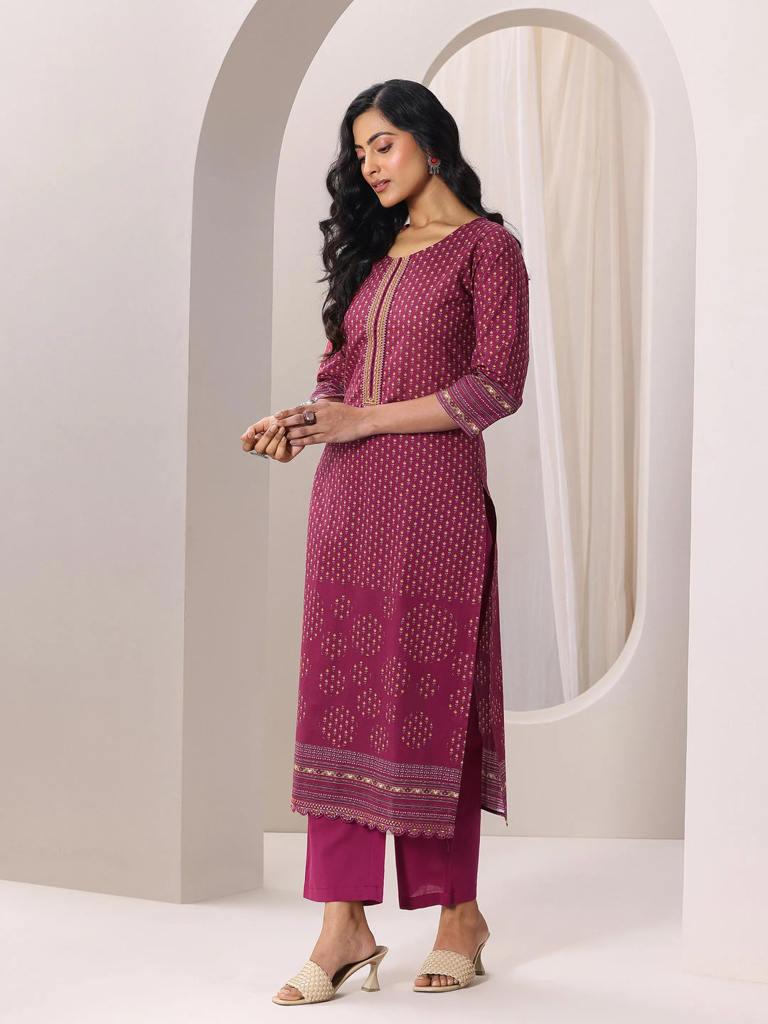  Maroon Printed Cotton Straight Suit Set With Dupatta 