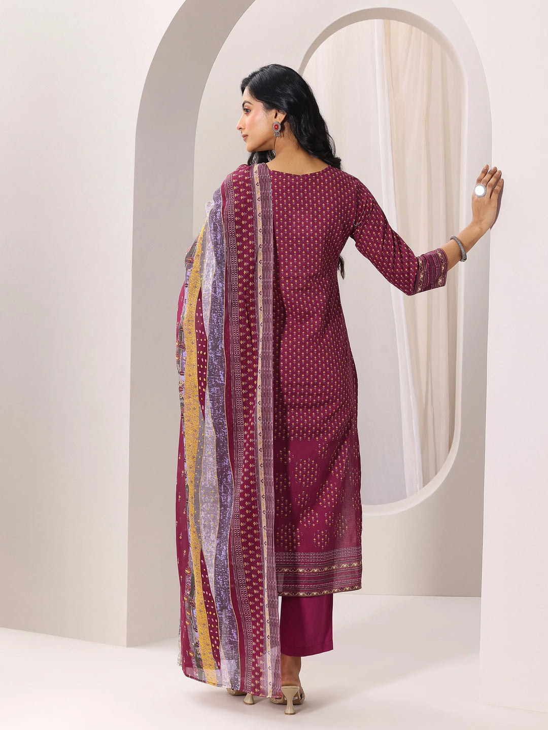  Maroon Printed Cotton Straight Suit Set With Dupatta 