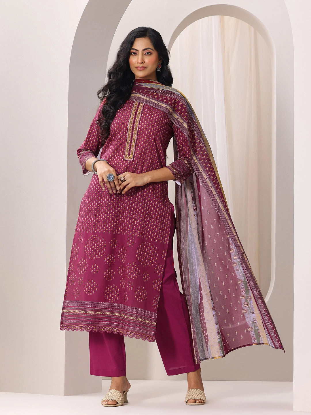  Maroon Printed Cotton Straight Suit Set With Dupatta 