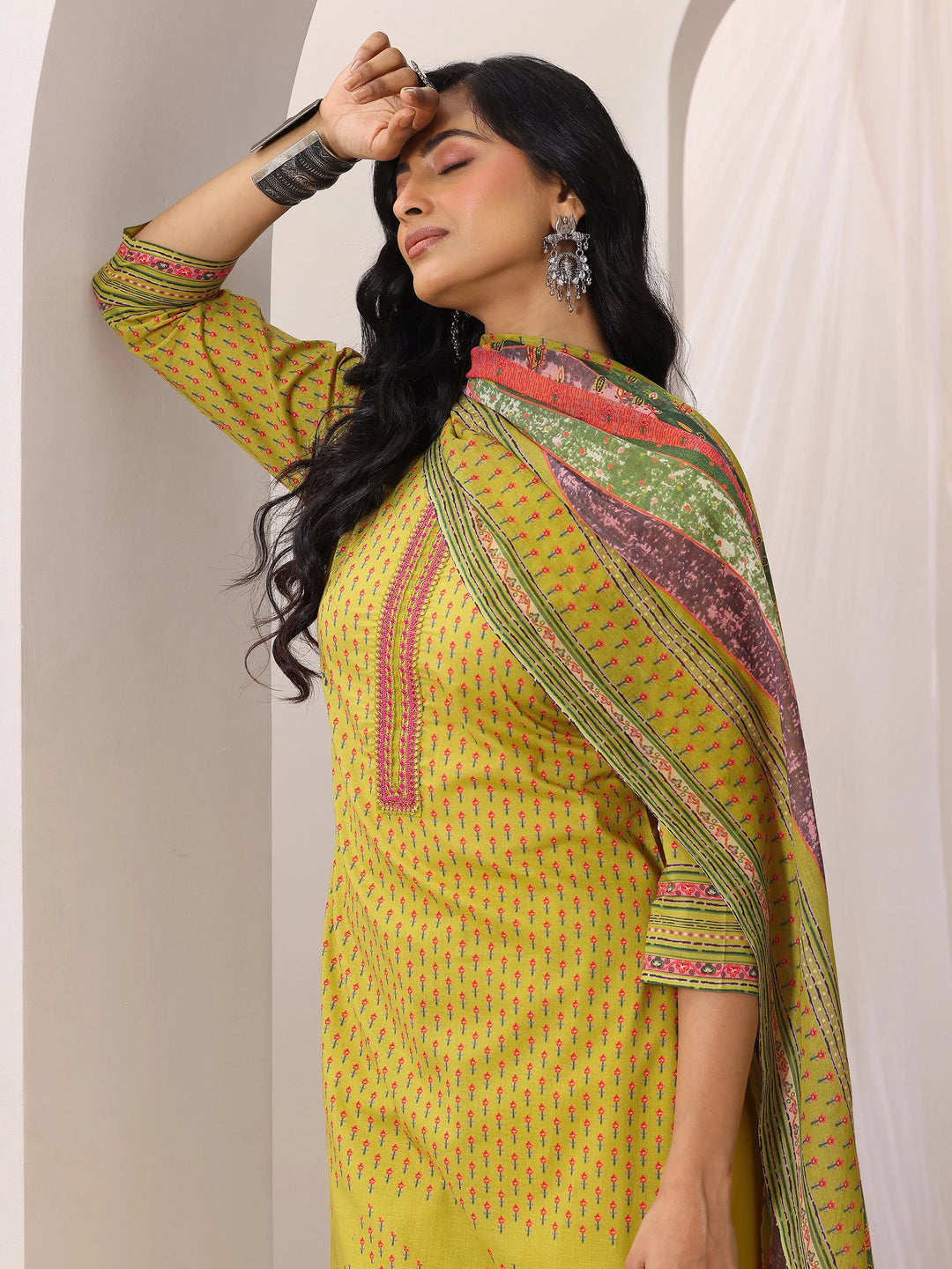  Green Printed Cotton Straight Suit Set With Dupatta 