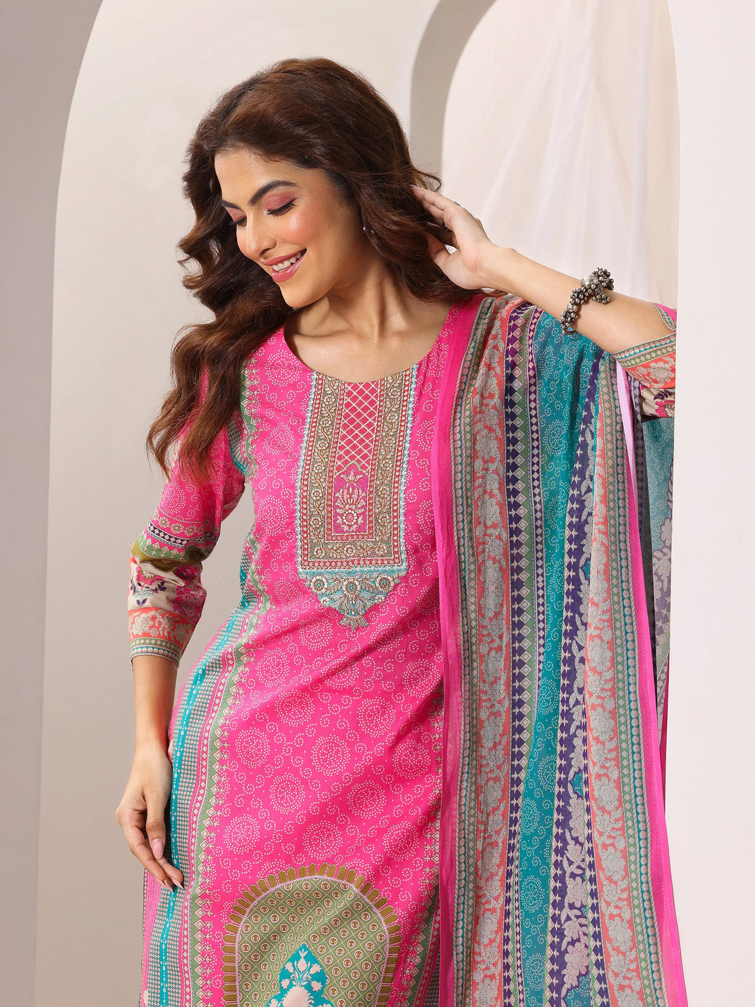  Pink Printed Cotton Straight Suit Set With Dupatta 