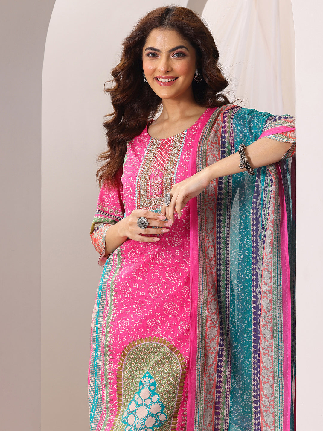 Pink Printed Cotton Straight Suit Set With Dupatta