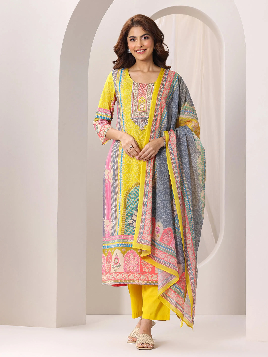  Yellow Printed Cotton Straight Suit Set With Dupatta 