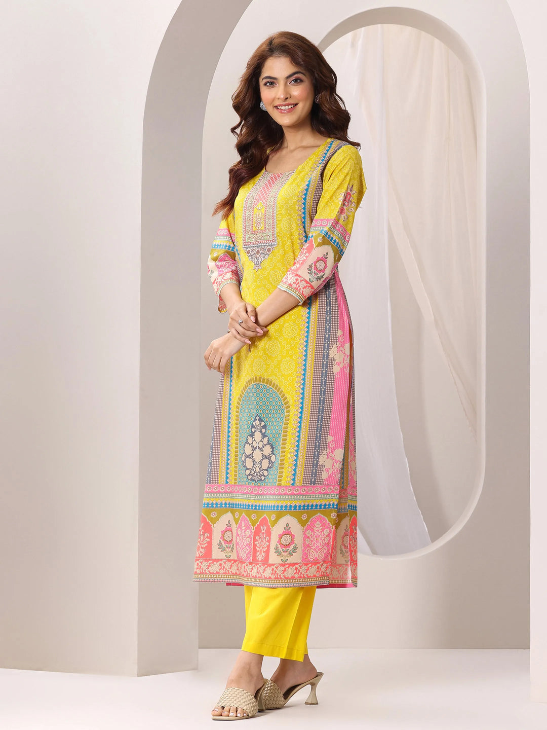  Yellow Printed Cotton Straight Suit Set With Dupatta 