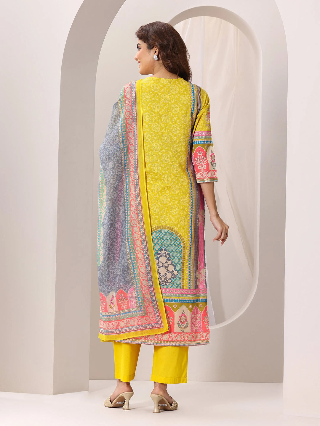  Yellow Printed Cotton Straight Suit Set With Dupatta 