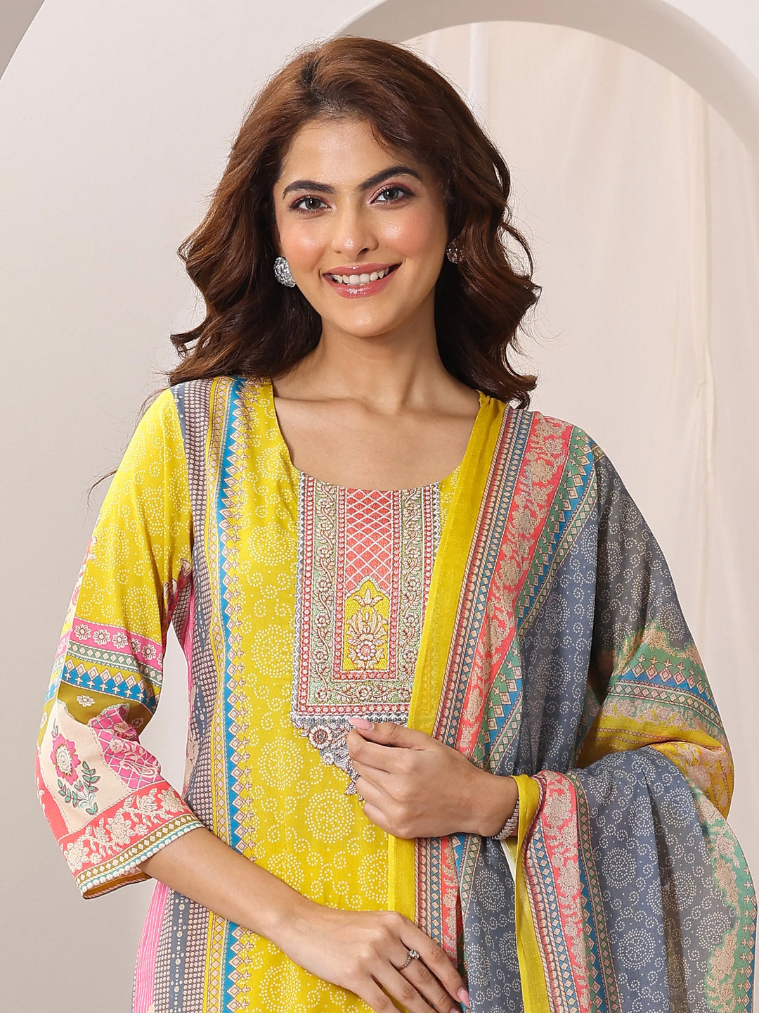  Yellow Printed Cotton Straight Suit Set With Dupatta 