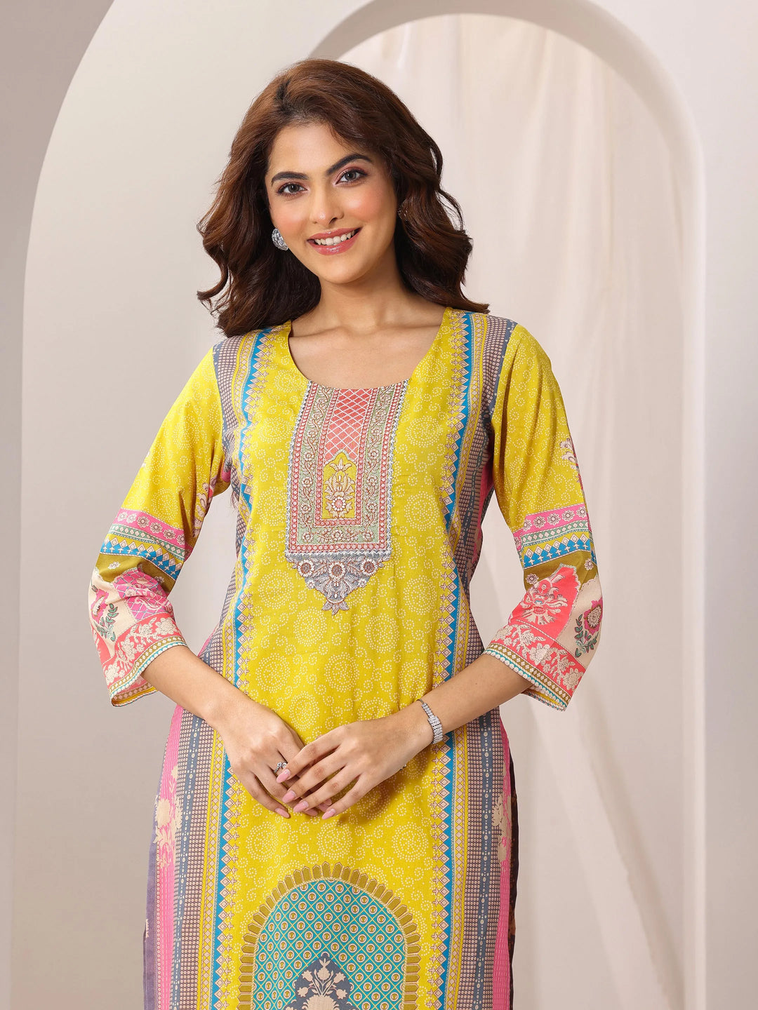  Yellow Printed Cotton Straight Suit Set With Dupatta 