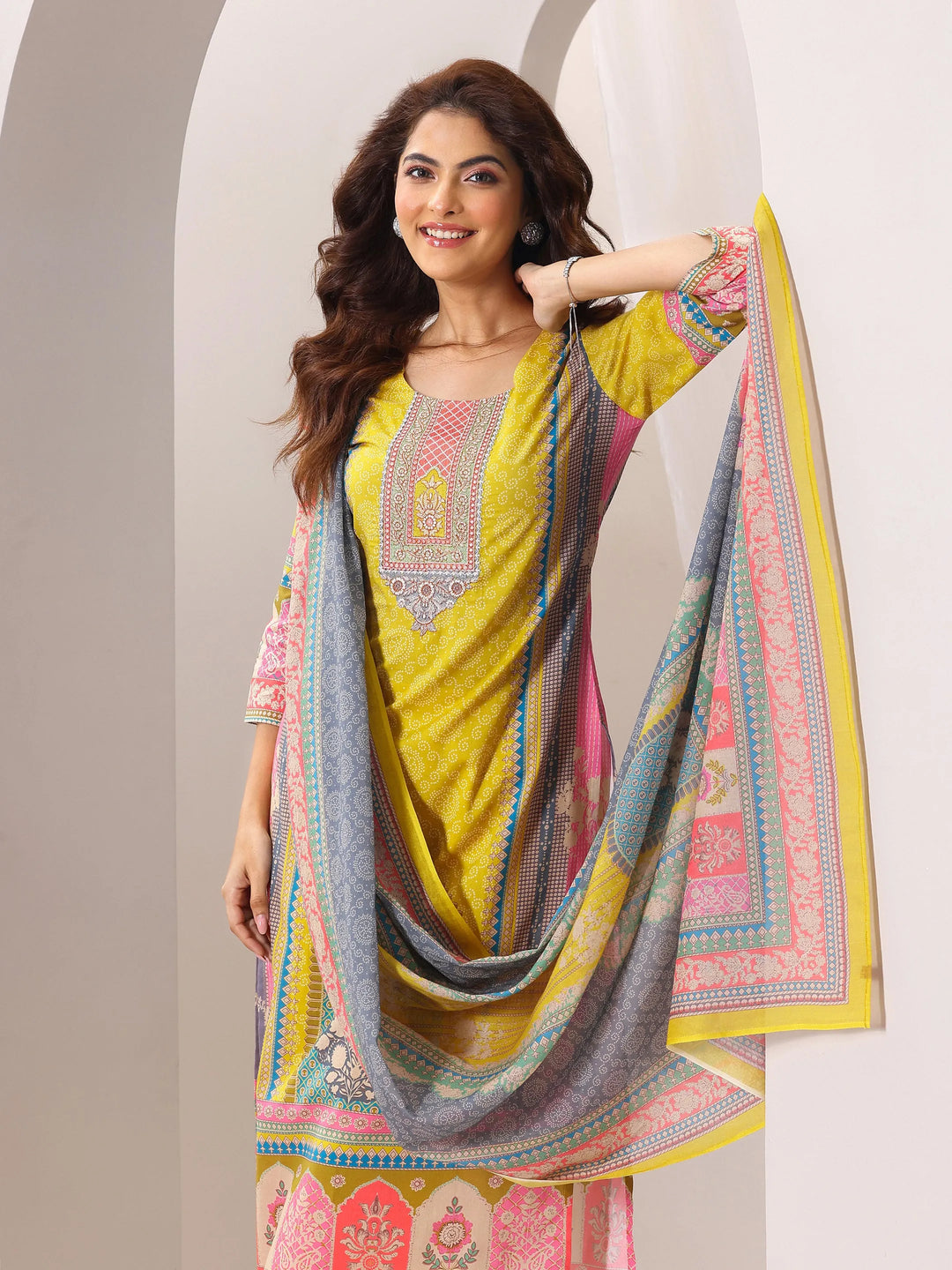  Yellow Printed Cotton Straight Suit Set With Dupatta 