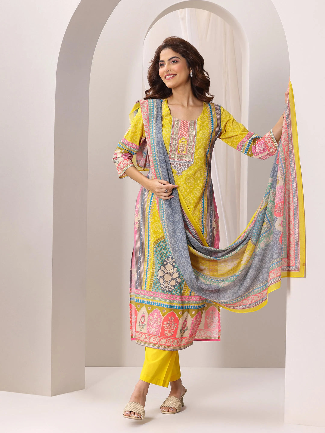  Yellow Printed Cotton Straight Suit Set With Dupatta 