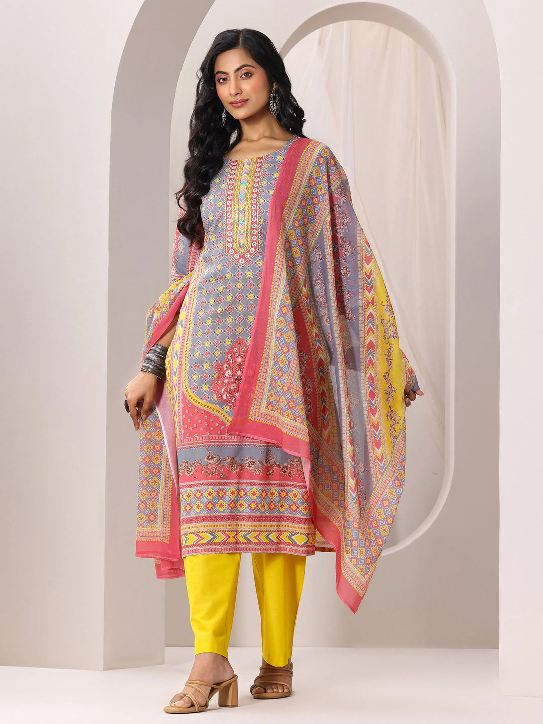  Multi Printed Cotton Straight Suit Set With Dupatta 