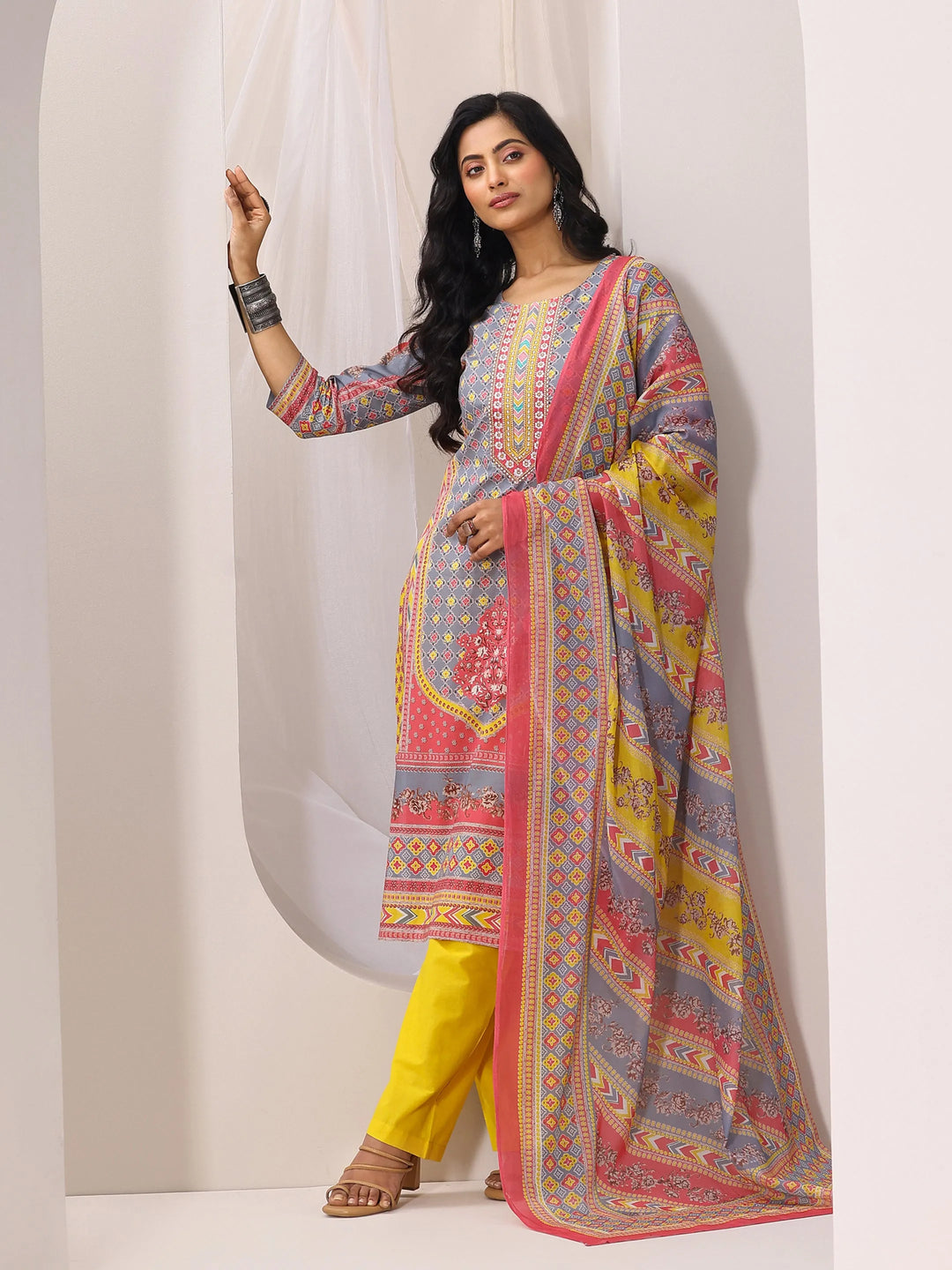  Multi Printed Cotton Straight Suit Set With Dupatta 