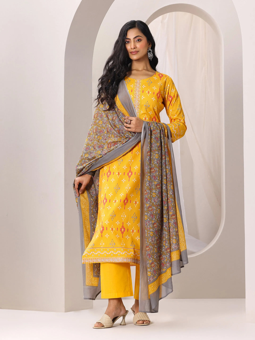  Mustard Printed Cotton Straight Suit Set With Dupatta 