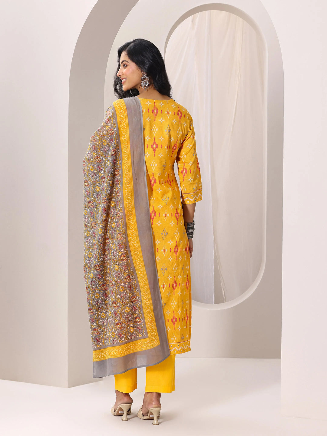  Mustard Printed Cotton Straight Suit Set With Dupatta 