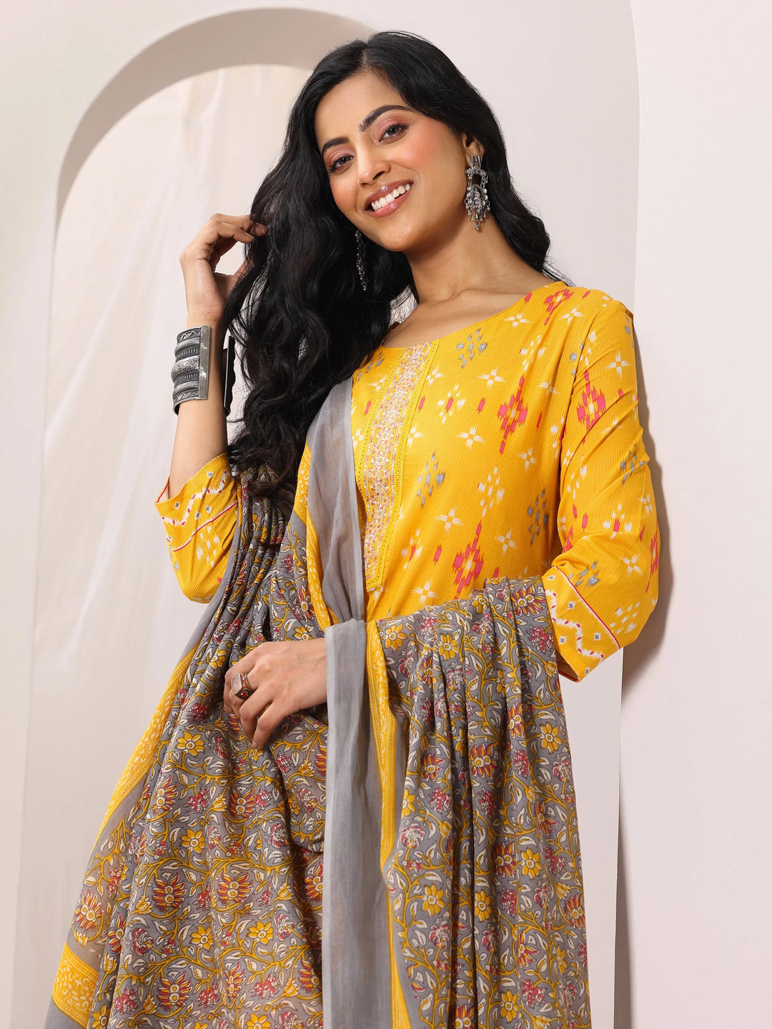  Mustard Printed Cotton Straight Suit Set With Dupatta 