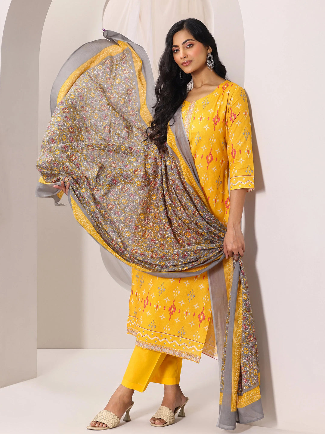  Mustard Printed Cotton Straight Suit Set With Dupatta 