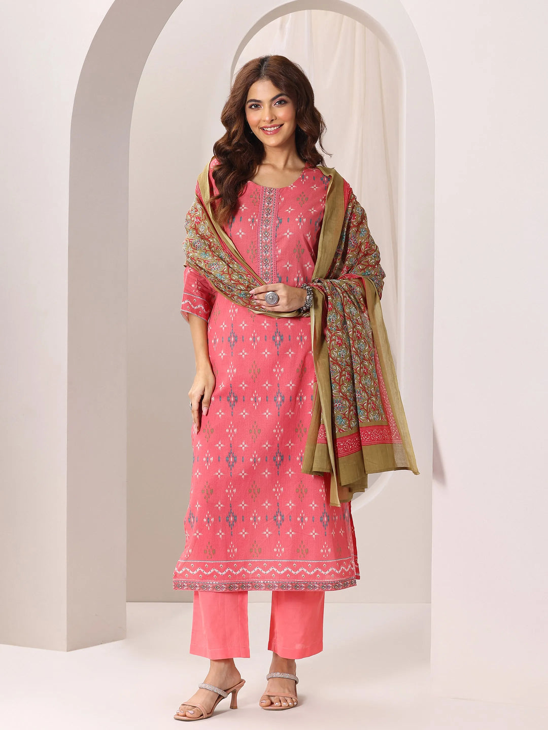  Coral Printed Cotton Straight Suit Set With Dupatta 