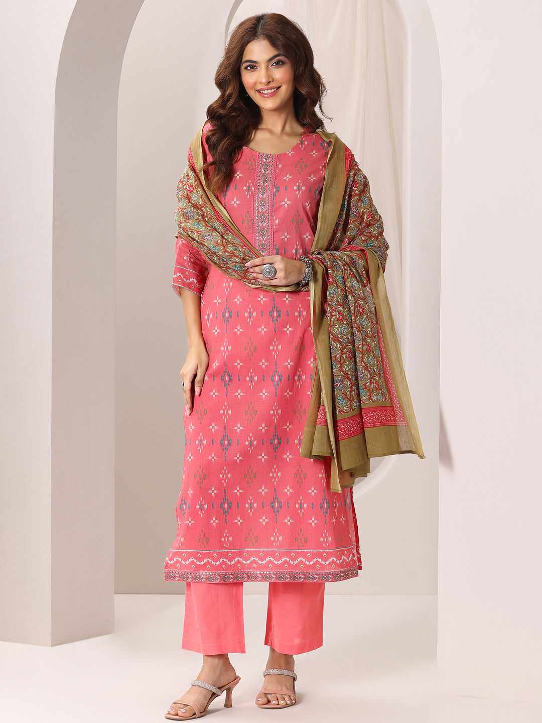  Coral Printed Cotton Straight Suit Set With Dupatta 