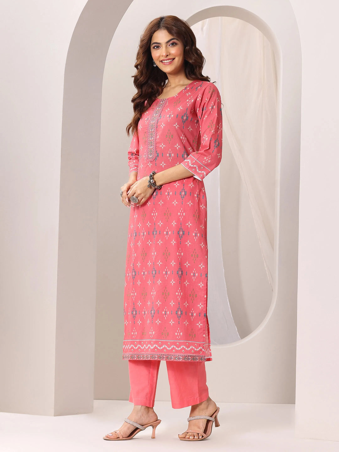  Coral Printed Cotton Straight Suit Set With Dupatta 