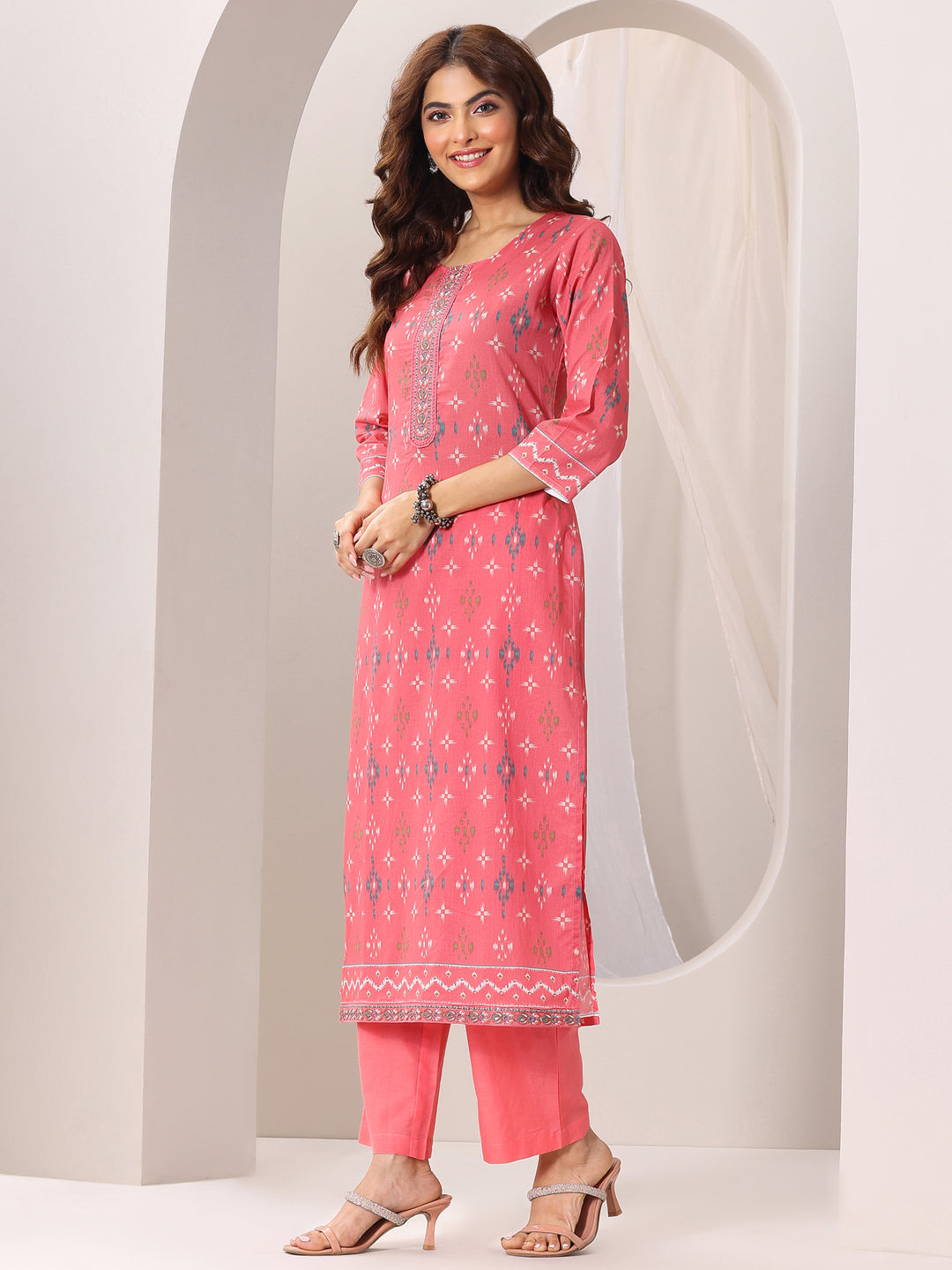  Coral Printed Cotton Straight Suit Set With Dupatta 